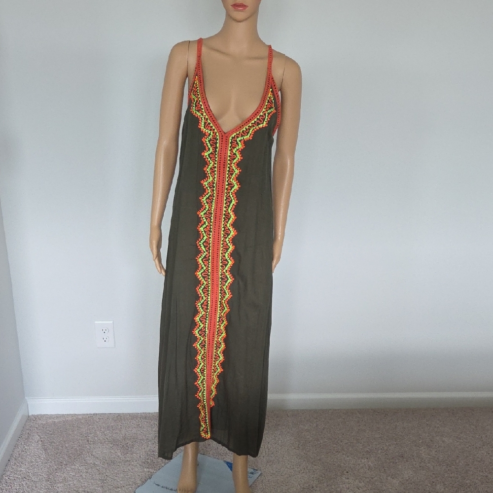 Gray and Black Embellished Maxi Sundress with Spaghetti Straps